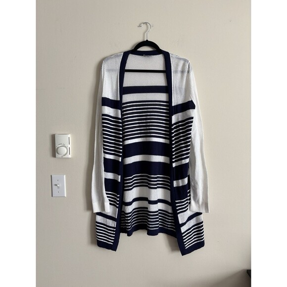 Tommy Bahama Womens Large Open Front Knit Cardigan Navy‎ White Stripe - Picture 1 of 5